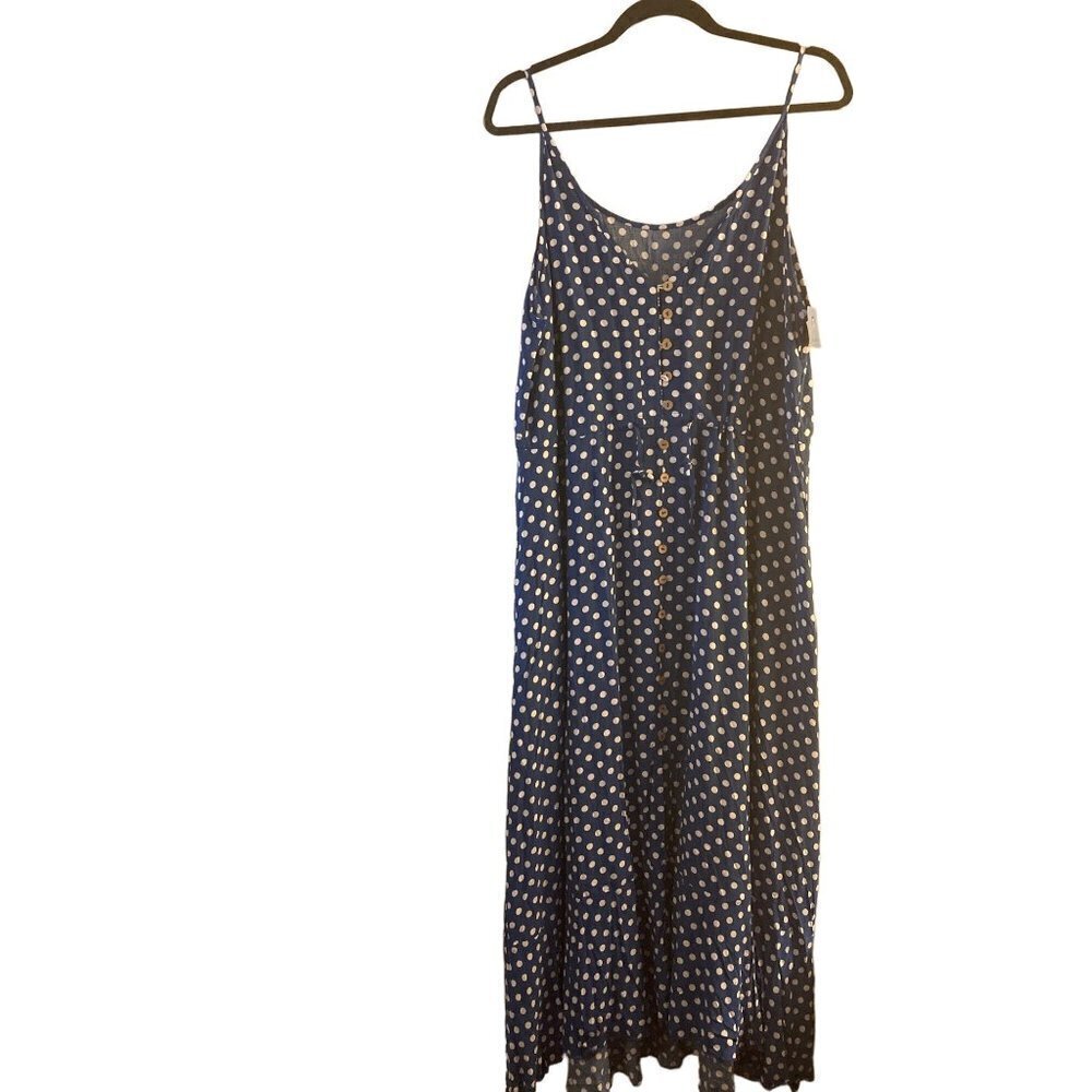 Alunalevi Womens XL Blue Poka Dot Maxi Dress Sleeveless Spaghetti Strap NWT